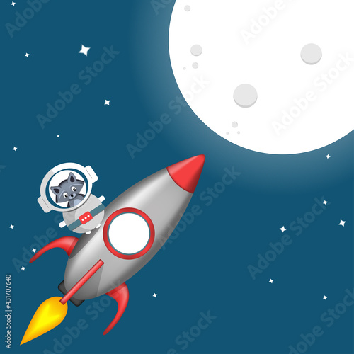 Принти на полотні Cute raccoon on rocket flying to moon into space