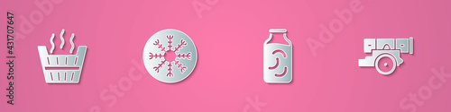 Set paper cut Sauna bucket, Snowflake, Pickled cucumbers in jar and Cannon icon. Paper art style. Vector