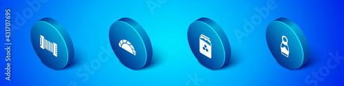 Set Isometric Accordion, Jar of honey, Russian doll matryoshka and Dumpling icon. Vector