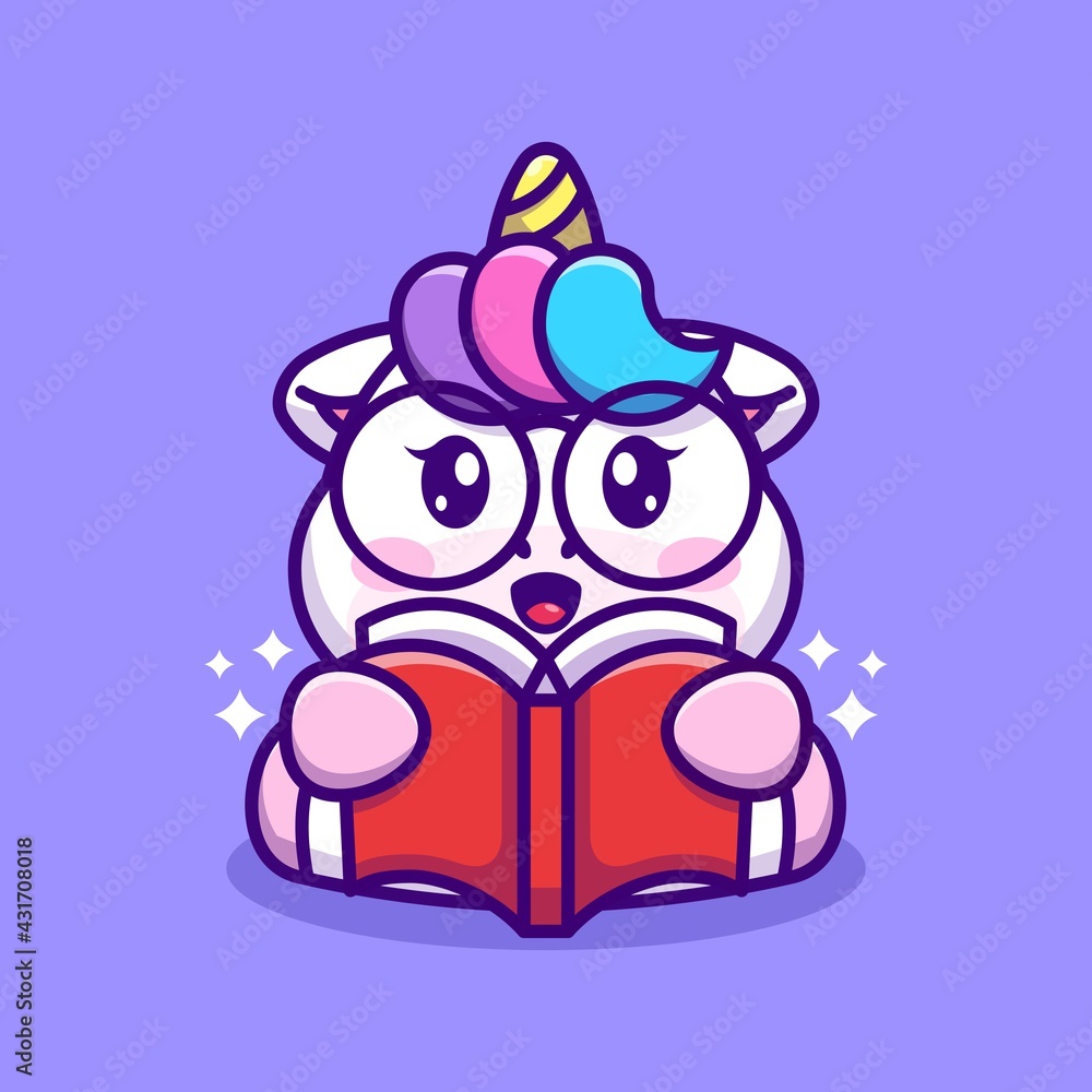 Cute unicorn reading book cartoon