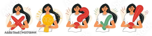 Asian girl is checking fact Smiling angry and surprised female character face expressions. Abstract simple gesture collection set with positive and negative elements. Flat cartoon vector illustration