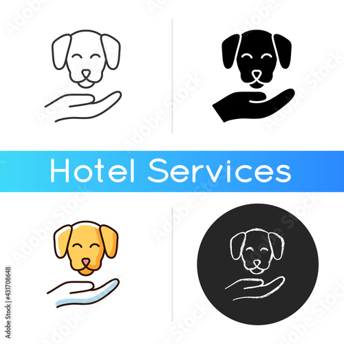 Pet friendly icon. Hotels which offer range of amenities designed to accommodate pet owners and their little friends. Linear black and RGB color styles. Isolated vector illustrations