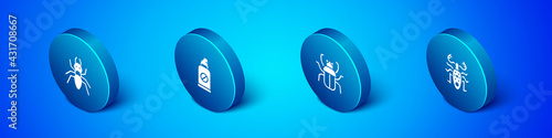 Set Isometric Ant, Stink bug, Beetle deer and Spray against insects icon. Vector