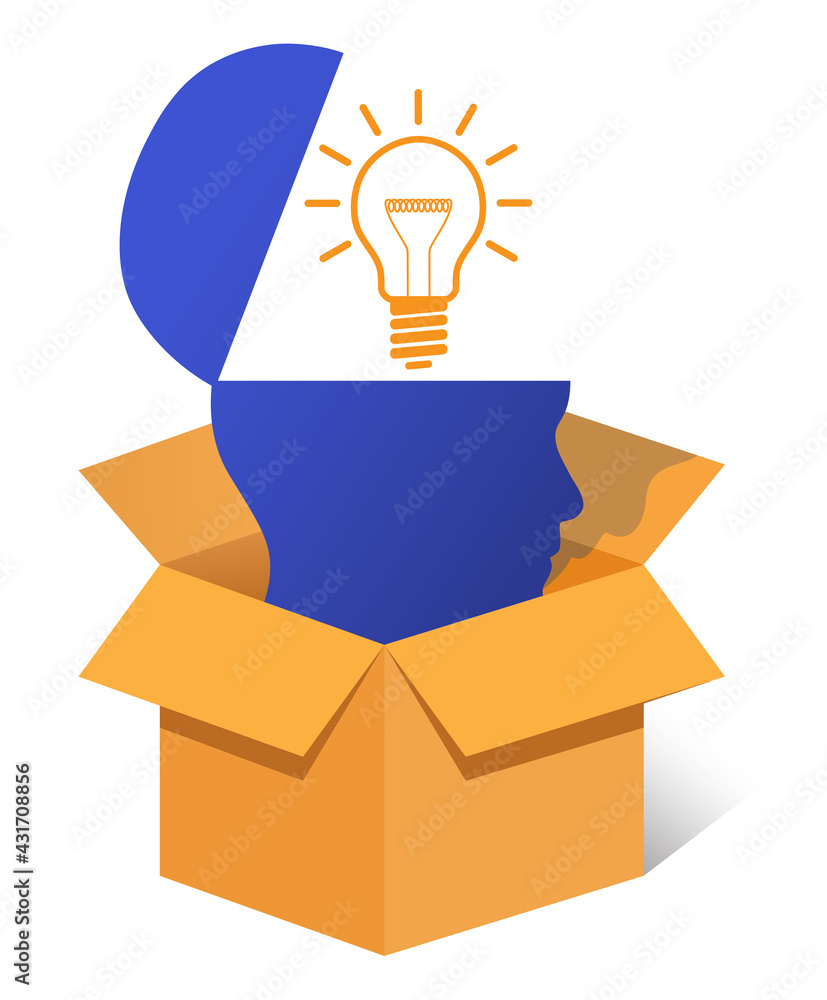 Thinking outside the box with open mind concept vector design. Business and brainstorming illustration with head, lightbulb and open cardboard box. Thinking outside the box with open mind concept vector design. Business and brainstorming illustration with head, lightbulb and open cardboard box.