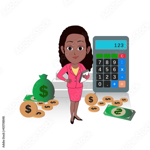 Cartoon Caricature of Black Ebony Business Woman with calculator and money with tuxedo.