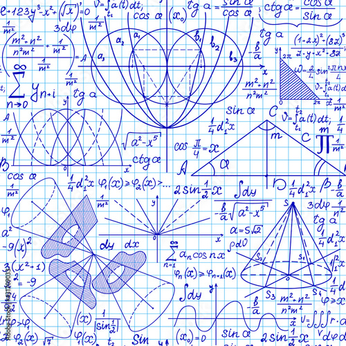 Math vector seamless background with formulas, tasks, calculations handwritten on blue grid copybook paper