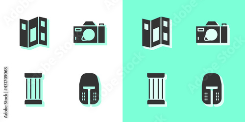 Set Medieval iron helmet, Museum guide brochure, Ancient column and Photo camera icon. Vector