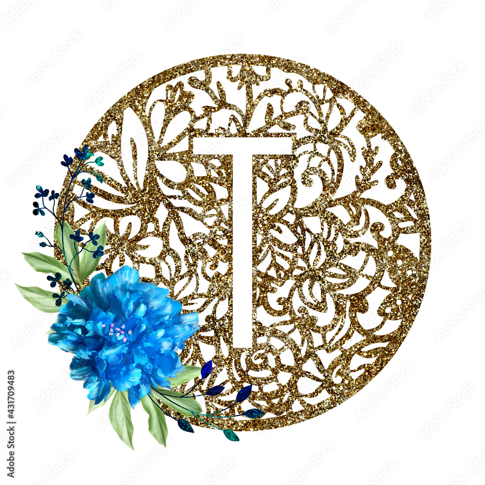 Lace circle golden letter T with blue flower peony and green leaves ...