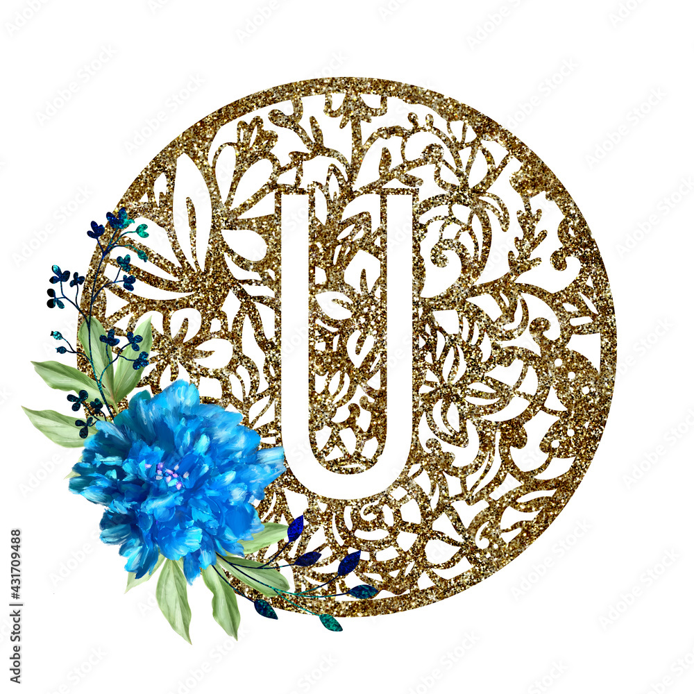Lace circle golden letter U with blue flower peony and green leaves ...