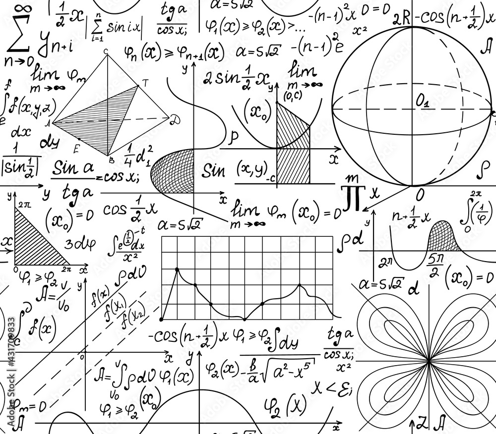 Math vector seamless texture with formulas, calculations, figures ...