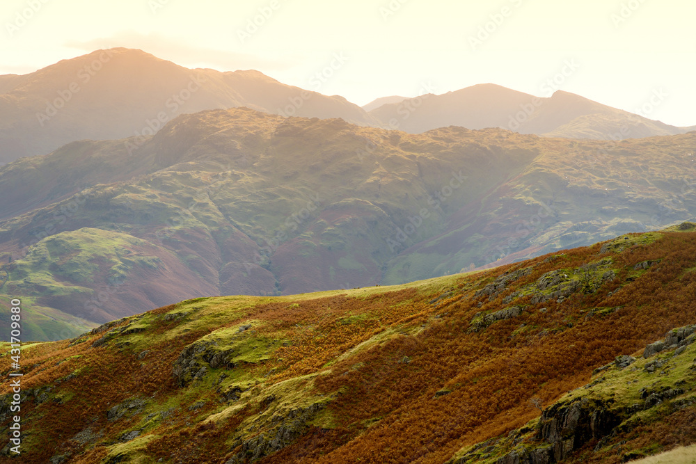 Sunset view of the Lake District, famous for its glacial ribbon lakes ...