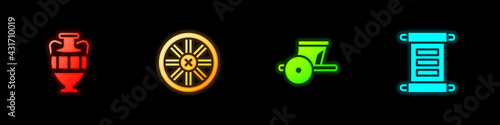 Set Ancient amphorae, Old wooden wheel, chariot and Decree, parchment, scroll icon. Vector