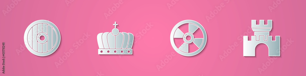 Set paper cut Round wooden shield, King crown, and Castle, fortress icon. Paper art style. Vector Set paper cut Round wooden shield, King crown, and Castle, fortress icon. Paper art style. Vector