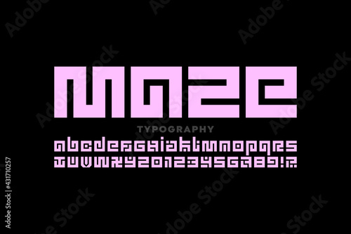 Maze puzzle style font design, labyrinth alphabet, letters and numbers