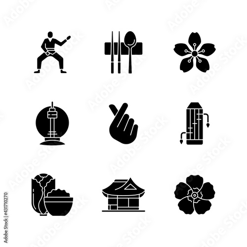 Korean culture black glyph icons set on white space. Taekwondo fighter. Sujeo utensils. Cherry blossom. N Seoul tower. Finger heart. Gayageum, kimchi. Silhouette symbols. Vector isolated illustration