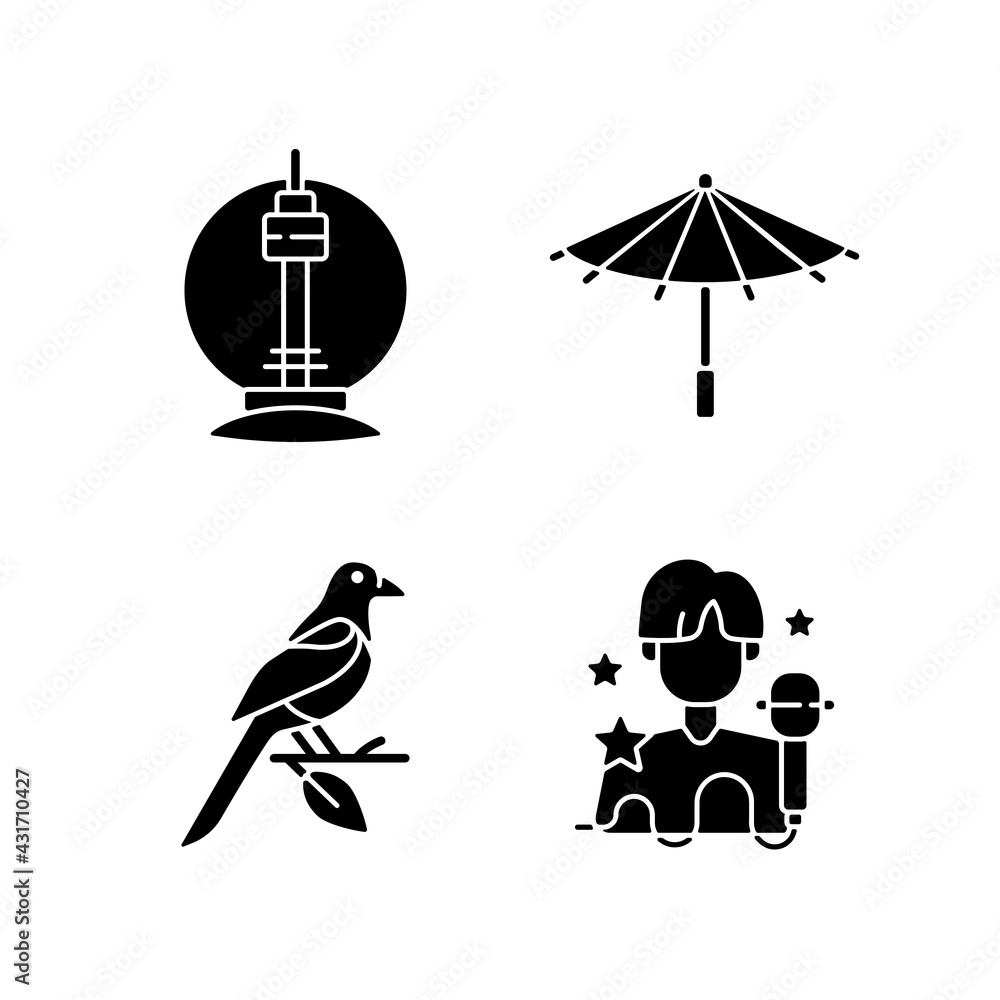 Naklejka premium Korean traditions black glyph icons set on white space. N Seoul tower. Traditional umbrella. Oriental magpie. K pop musician. Asian culture. Silhouette symbols. Vector isolated illustration