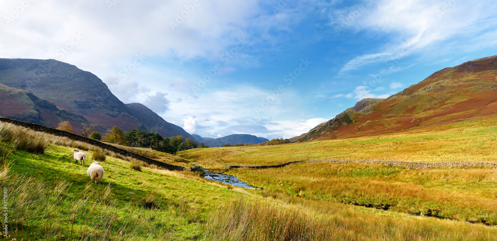 Scenic landscape of the Lake District, famous for its glacial ribbon lakes and rugged mountains. Popular vacation destination in Cumbria, North West England.