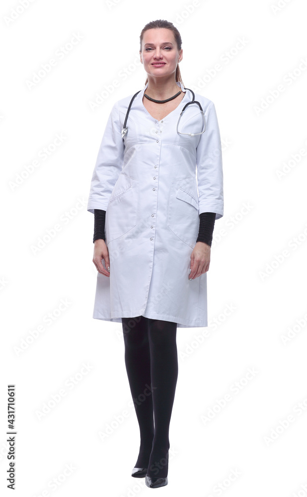 in full growth. female doctor with a stethoscope. in full growth. female doctor with a stethoscope.