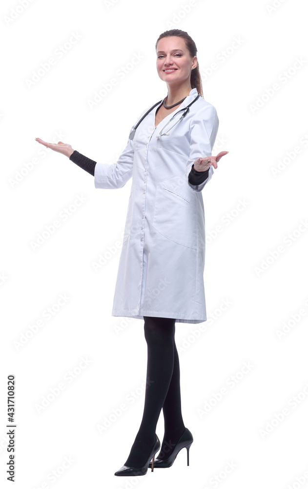 side view.attractive young woman doctor looking at you. side view.attractive young woman doctor looking at you.