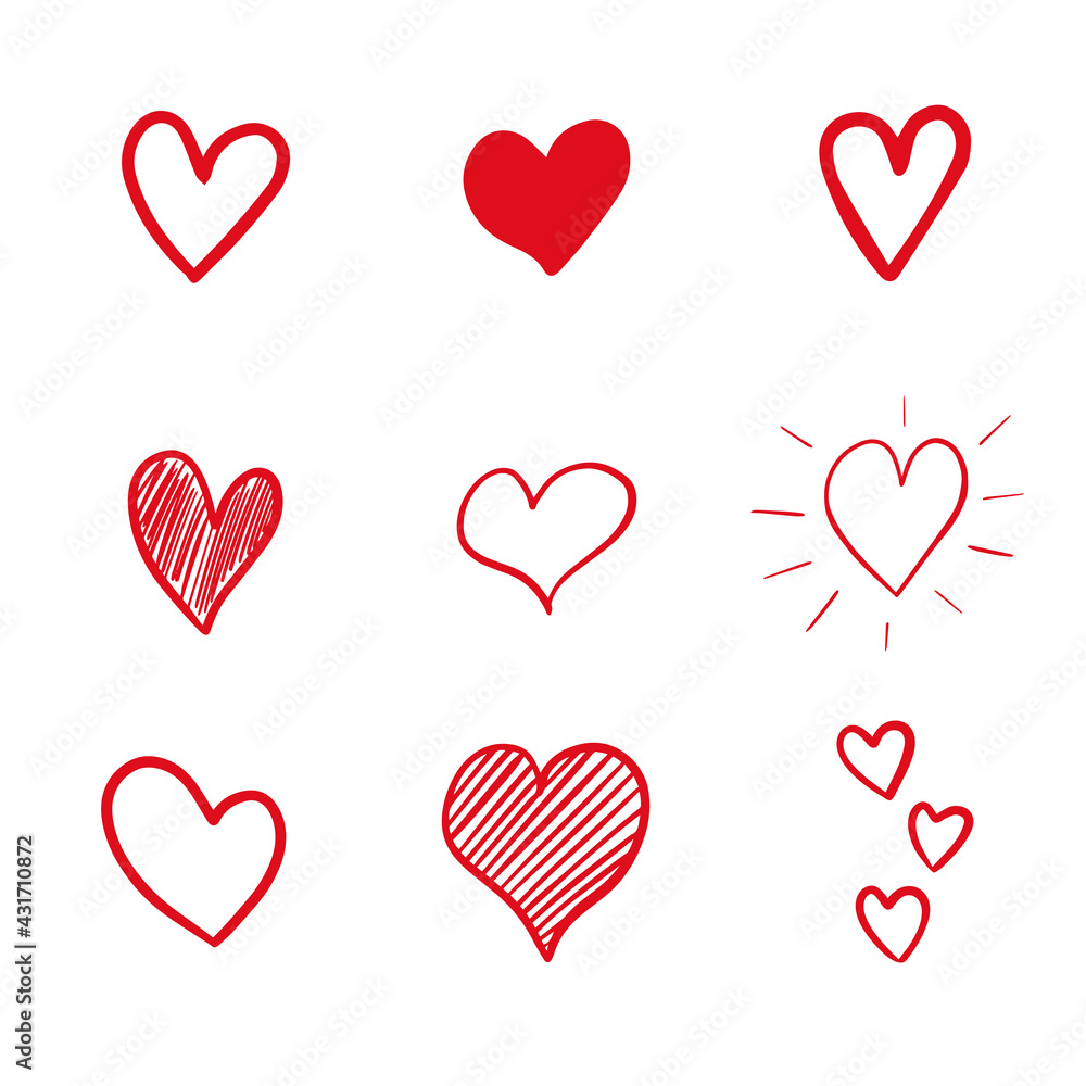 Collection of hand drawn red hearts isolated on white background. Vector illustration