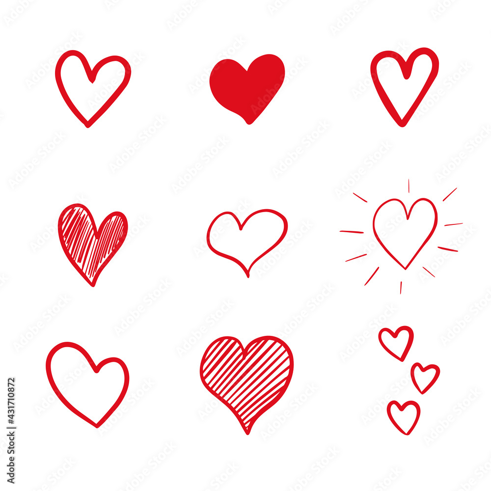Collection of hand drawn red hearts isolated on white background. Vector illustration Collection of hand drawn red hearts isolated on white background. Vector illustration