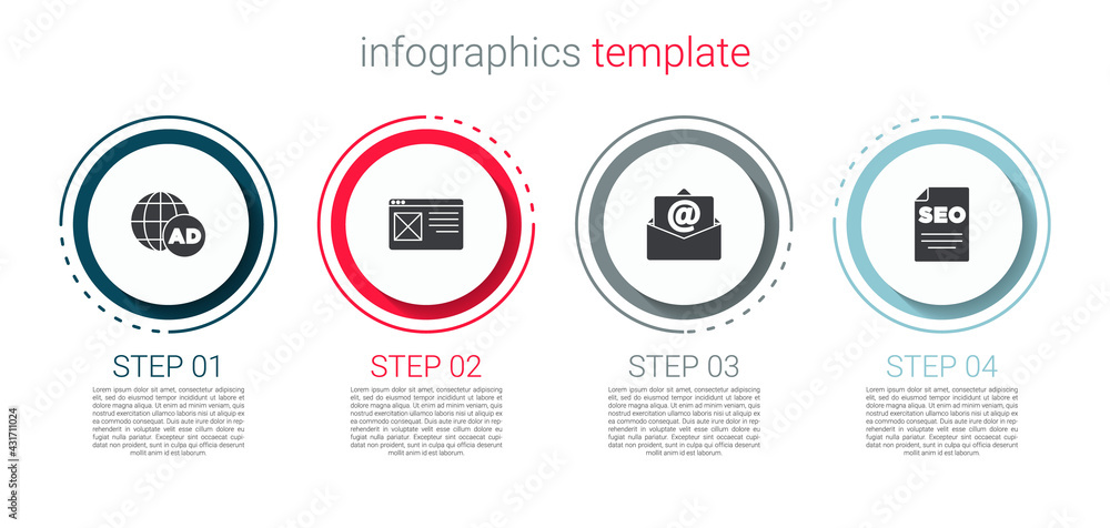 Set Advertising, Browser window, Mail and e-mail and SEO optimization. Business infographic template. Vector