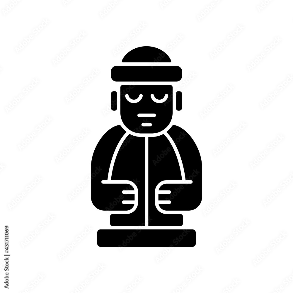 Jeju island statues black glyph icon. Dol hareubangs. National ethnic volcanic rock totem. Stone grandfather. Korean culture. Silhouette symbol on white space. Vector isolated illustration