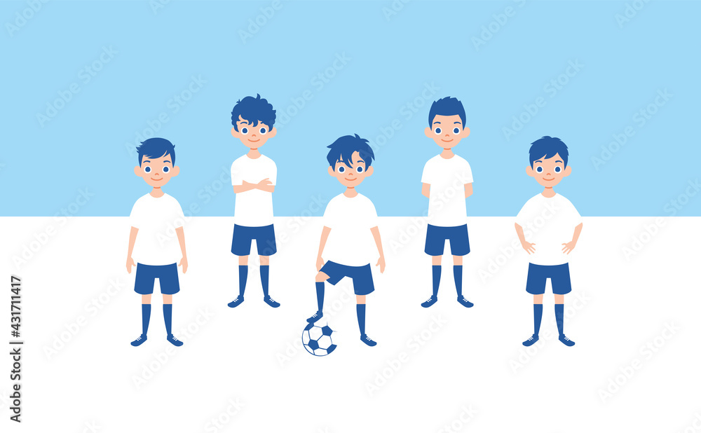 Children's football team young soccer players sky blue vector Children's football team young soccer players sky blue vector