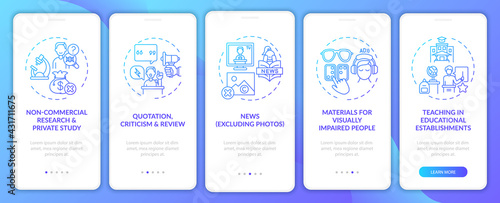 Copyright exceptions onboarding mobile app page screen with concepts. Private study, reviewing walkthrough 5 steps graphic instructions. UI, UX, GUI vector template with linear color illustrations