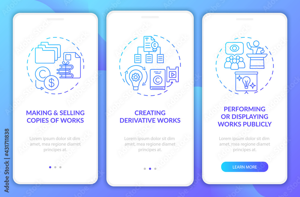 Exclusive author rights onboarding mobile app page screen with concepts. Creating derivative works walkthrough 3 steps graphic instructions. UI, UX, GUI vector template with linear color illustrations
