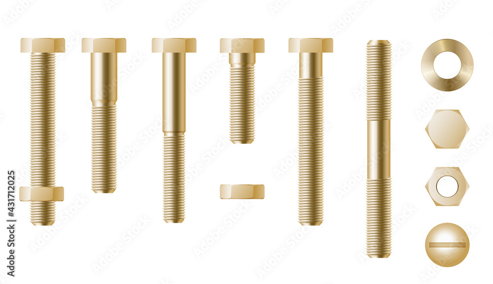 Realistic golden screws set. Eye hook, head fastener, metal rivet, detailed bolts for repair Realistic golden screws set. Eye hook, head fastener, metal rivet, detailed bolts for repair