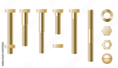 Realistic golden screws set. Eye hook, head fastener, metal rivet, detailed bolts for repair