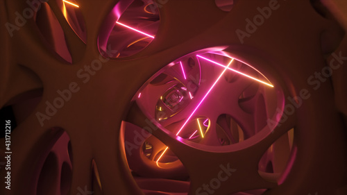 Flying through an abstract alien structure illuminated by neon lights. Modern ultraviolet lighting. 3D illustration