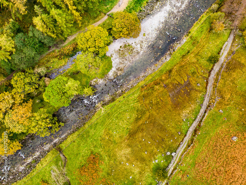 Aerial view of Stonethwaite Beck, a small river formed at the confluence of Langstrath Beck and Greenup Gill beneath Eagle Crag.