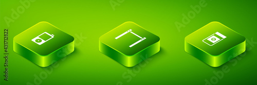 Set Isometric Horizontal bar, Anabolic drugs and Music player icon. Vector