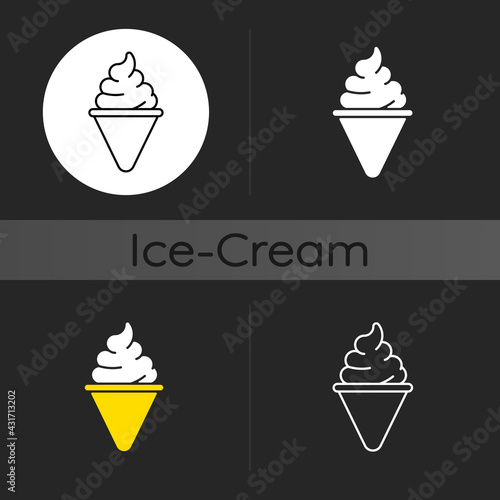 Ice cream cone dark theme icon. Cone-shaped frozen pastry. Soft serve. Frozen ingredients. Waffle cone, poke. Linear white, simple glyph and RGB color styles. Isolated vector illustrations
