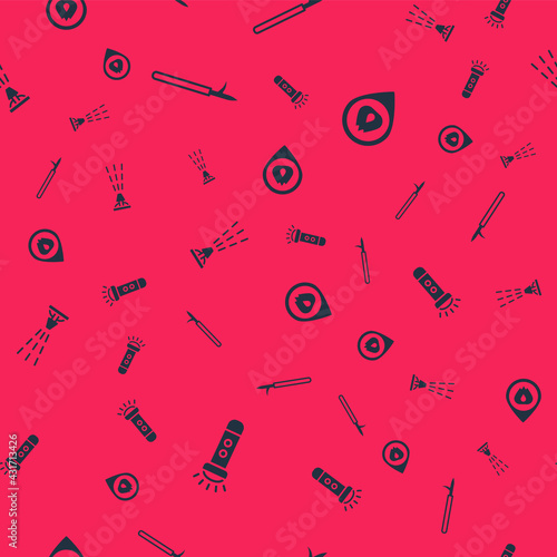 Set Flashlight, Metal pike pole, Fire sprinkler and Location with fire flame on seamless pattern. Vector
