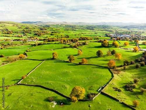 Aerial view of endless lush pastures and farmlands of England. Beautiful English countryside with emerald green fields and meadows.