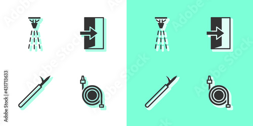 Set Fire hose reel, sprinkler, Metal pike pole and exit icon. Vector