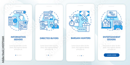Internet client behavior onboarding mobile app page screen with concepts. Information searching walkthrough 4 steps graphic instructions. UI, UX, GUI vector template with linear color illustrations