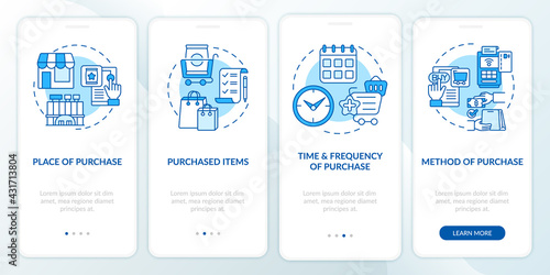 Buyer behavior patterns onboarding mobile app page screen with concepts. Purchase point, items walkthrough 4 steps graphic instructions. UI, UX, GUI vector template with linear color illustrations