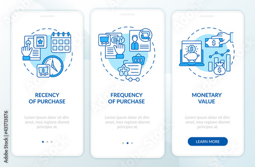 RFM model analytics onboarding mobile app page screen with concepts. Newness, frequency walkthrough 3 steps graphic instructions. UI, UX, GUI vector template with linear color illustrations