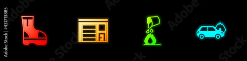 Set Fire boots, Building of fire station, Bucket extinguishing and Burning car icon. Vector