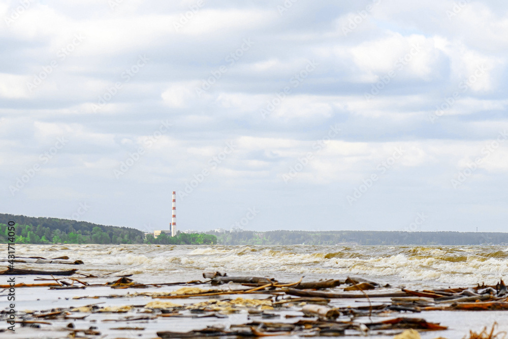 A discarded driftwood on a beach. Ob sea in Novosibirsk, spring season. A red and white lighthouse is visible on the horizon