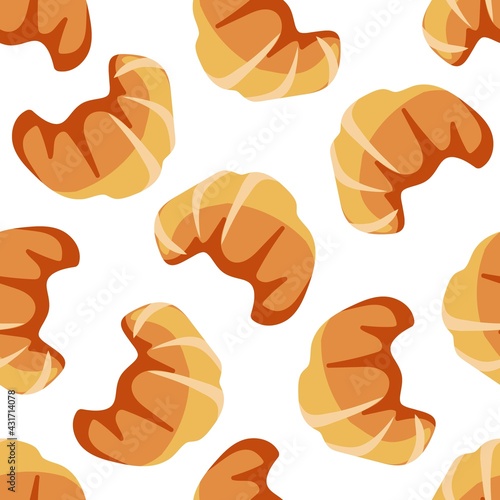 Croissant seamless pattern on white background. Sweet baked dessert pastrie. Dessert Bakery In flat Vector Style for menu, cafe, restaurant for poster, wallpaper, wrapping papers, textile.