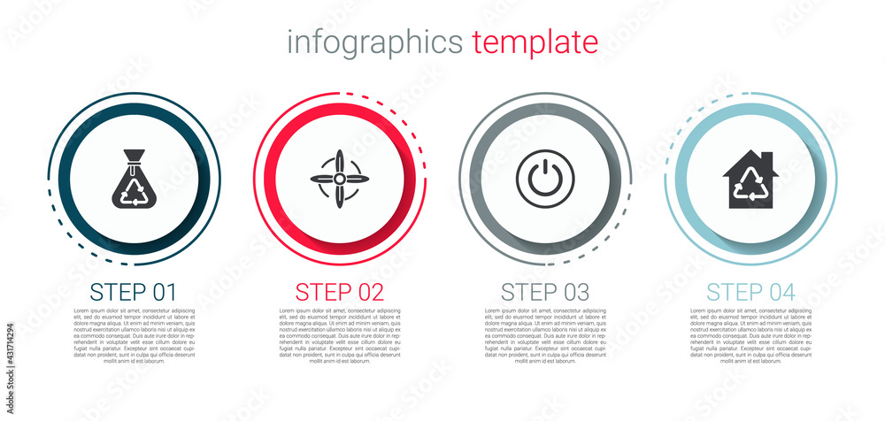 Set Garbage bag with recycle, Wind turbine, Power button and Eco House recycling. Business infographic template. Vector Set Garbage bag with recycle, Wind turbine, Power button and Eco House recycling. Business infographic template. Vector