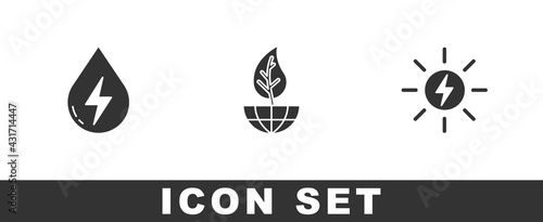 Set Water energy, Earth globe and leaf and Solar panel icon. Vector