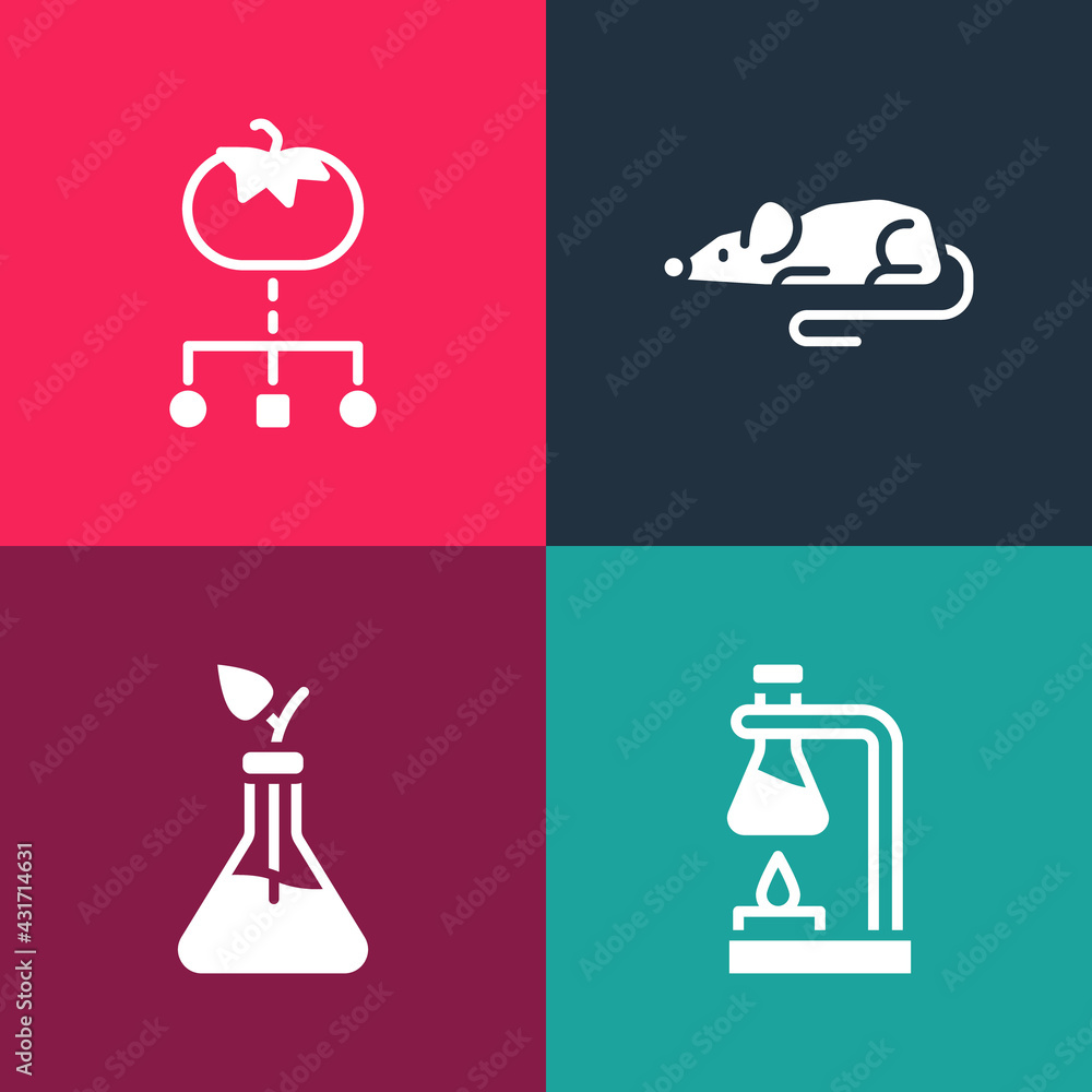 Set pop art Test tube flask on fire, Plant breeding, Experimental mouse and Genetically modified food icon. Vector Set pop art Test tube flask on fire, Plant breeding, Experimental mouse and Genetically modified food icon. Vector