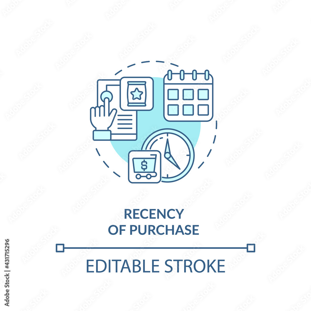 Purchase recency concept icon. RFM model analysis idea thin line illustration. Marketing technique. Buyer activity freshness. Vector isolated outline RGB color drawing. Editable stroke Purchase recency concept icon. RFM model analysis idea thin line illustration. Marketing technique. Buyer activity freshness. Vector isolated outline RGB color drawing. Editable stroke