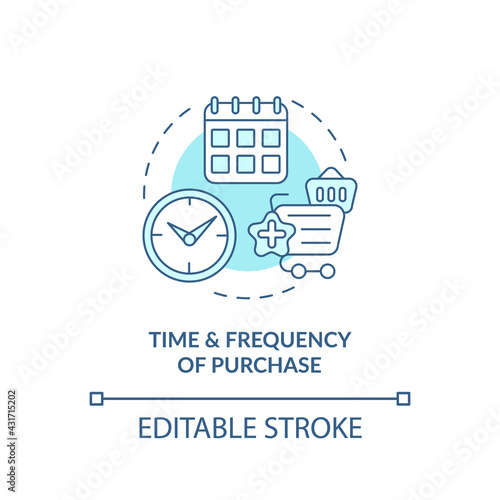 Purchase time and frequency concept icon. Customer behavior idea thin line illustration. Timing, frequentness. Motivation buying more often. Vector isolated outline RGB color drawing. Editable stroke